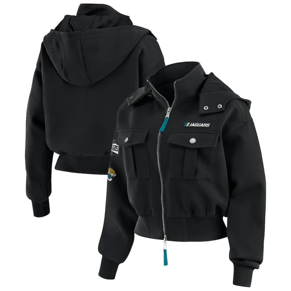 Jacksonville Jaguars WEAR by Erin Andrews Women's Tri-Blend Patch Pocket Cropped Full-Zip Bomber Hoodie Jacket