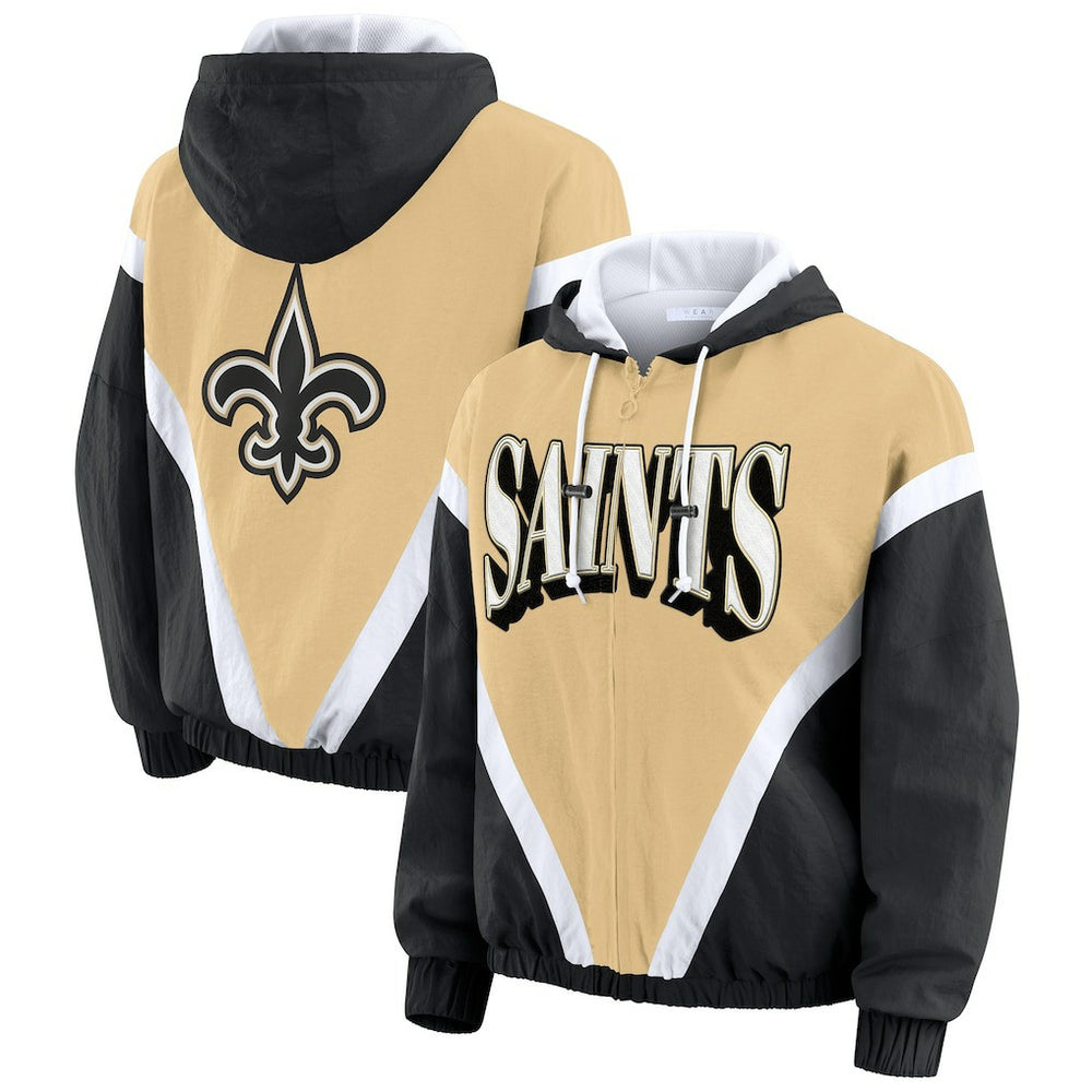New Orleans Saints WEAR by Erin Andrews Women's Retro Crinkle Full-Zip Hoodie Windbreaker