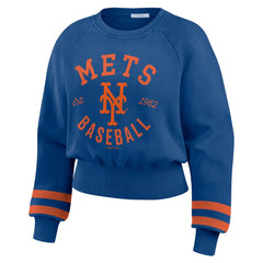 New York Mets WEAR by Erin Andrews Women's Vintage Washed Cropped Pullover Sweatshirt | MLB On Sale