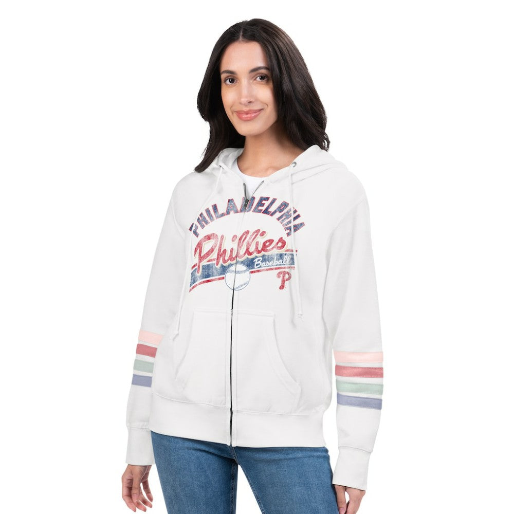 Philadelphia Phillies G-III 4Her by Carl Banks Women's Naamah Sleeve Stripe Fleece Full-Zip Hoodie | MLB Online