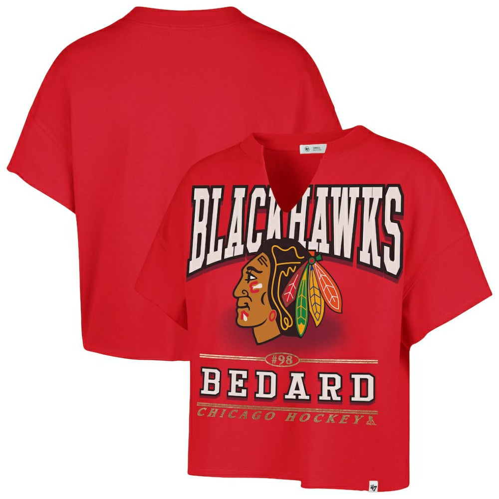 Connor Bedard Chicago Blackhawks '47 Women's Elation Name & Number Oversized Notch Neck T-Shirt Discount