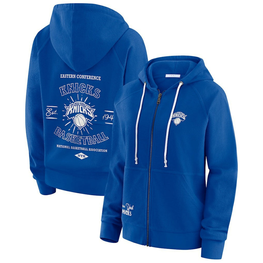 New York Knicks WEAR by Erin Andrews Women's Vintage Full-Zip Raglan Hoodie On Sale