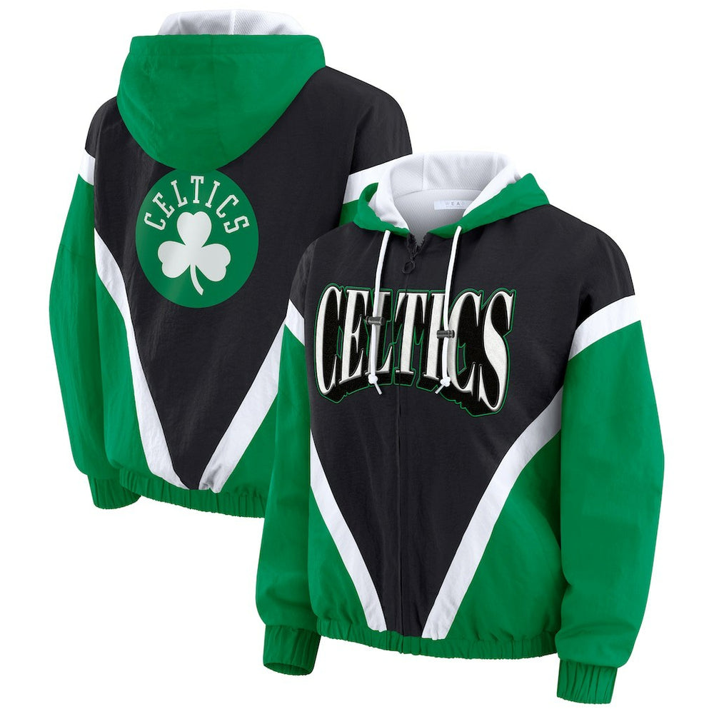 Boston Celtics WEAR by Erin Andrews Women's Colorblock Full-Zip Hoodie Windbreaker Jacket On Sale