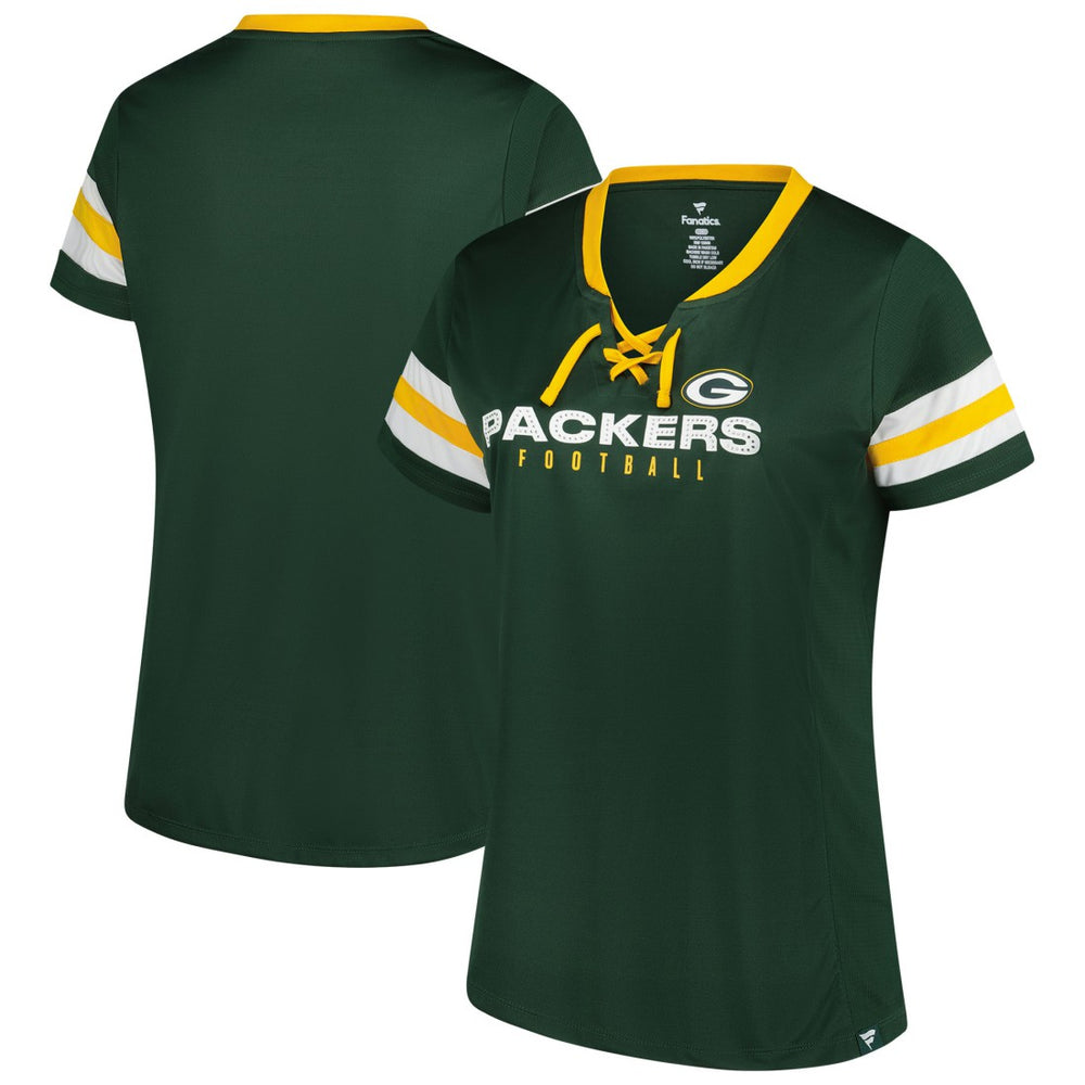 Green Bay Packers Fanatics Women's Plus Size Rhinestone Redzone Athena Lace-Up Notch Neck T-Shirt