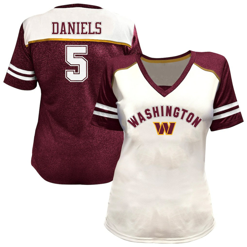 Washington Commanders Fanatics Jayden Daniels Women's Plus Size Bling V-Neck T-Shirt