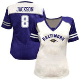 Baltimore Ravens Fanatics Lamar Jackson Women's Plus Size Bling V-Neck T-Shirt