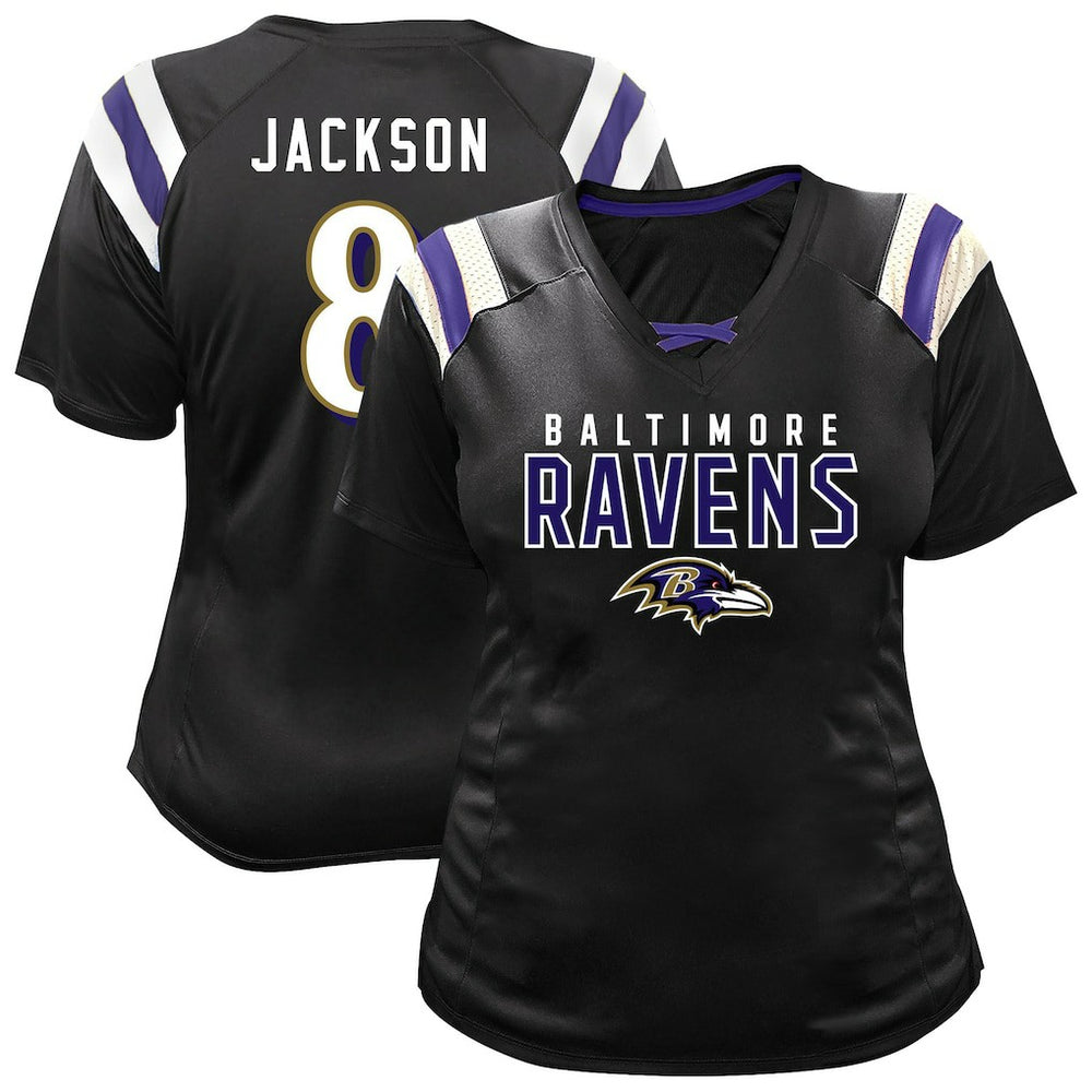 Baltimore Ravens Fanatics Lamar Jackson Women's Plus Size Name & Number Raglan Lace V-Neck T-Shirt