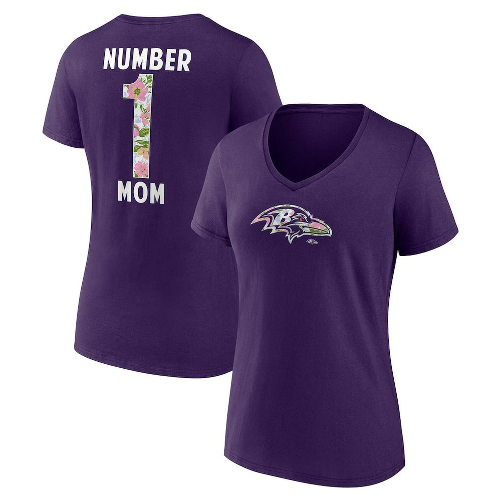 Baltimore Ravens Women's Number 1 Mom Floral V-Neck T-Shirt