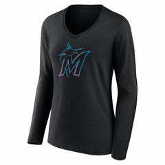 Miami Marlins Women's Logo Long Sleeve V-Neck T-Shirt | MLB Outlet