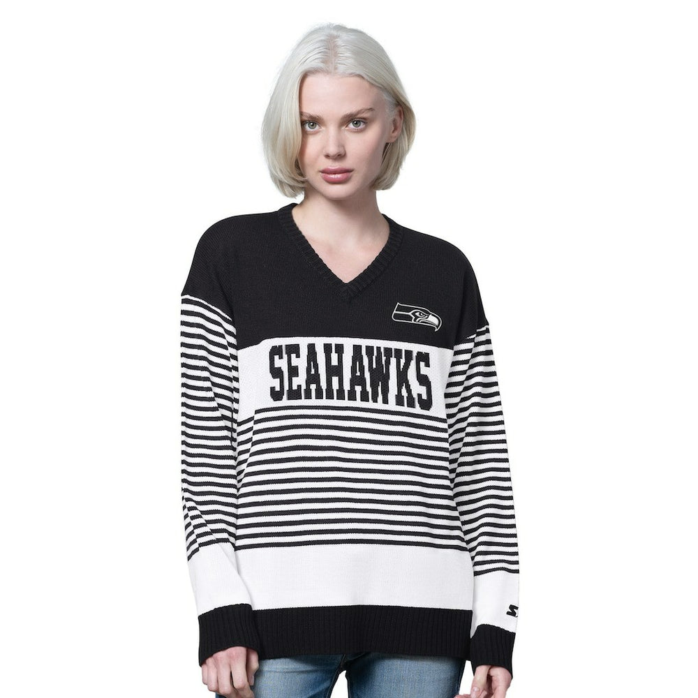 Seattle Seahawks Starter Women's No Huddle Striped V-Neck Sweater