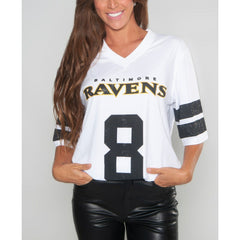 Baltimore Ravens Lamar Jackson Cuce Women's Crystal V-Neck Tunic