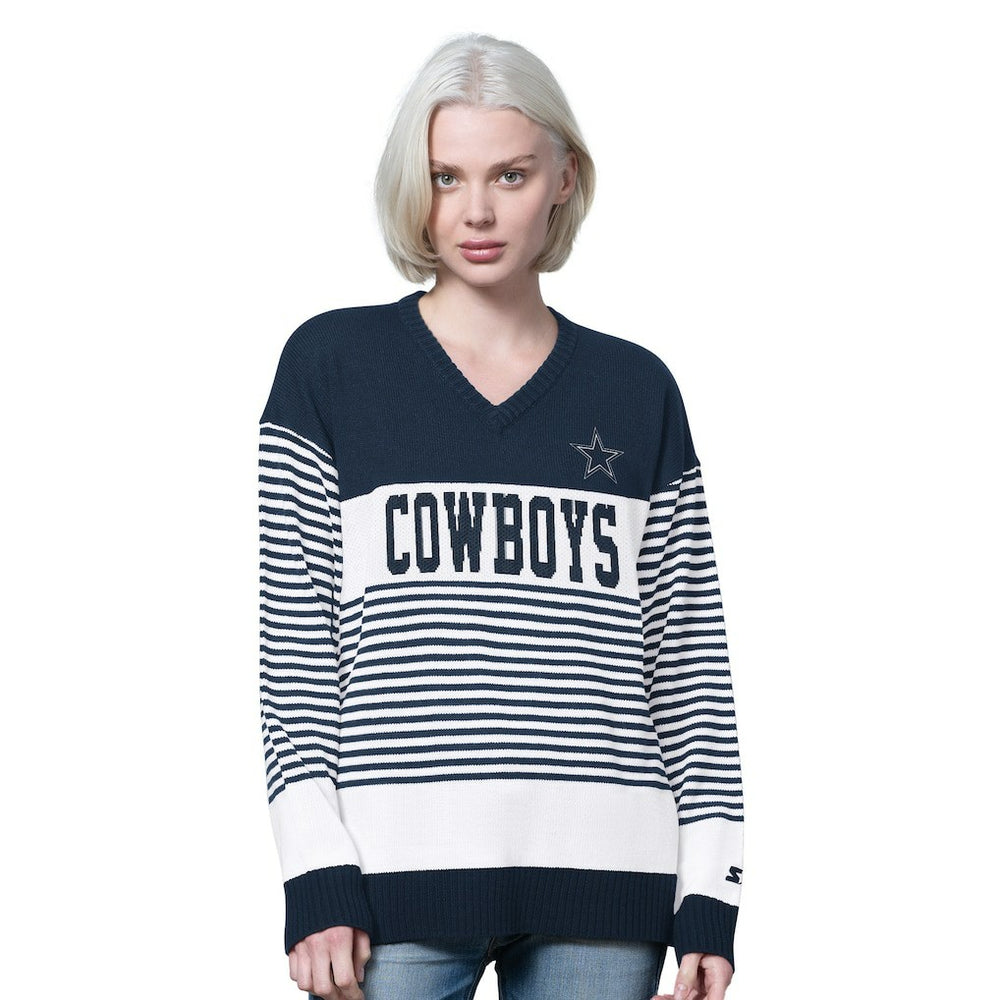 Dallas Cowboys Starter Women's No Huddle Striped V-Neck Sweater