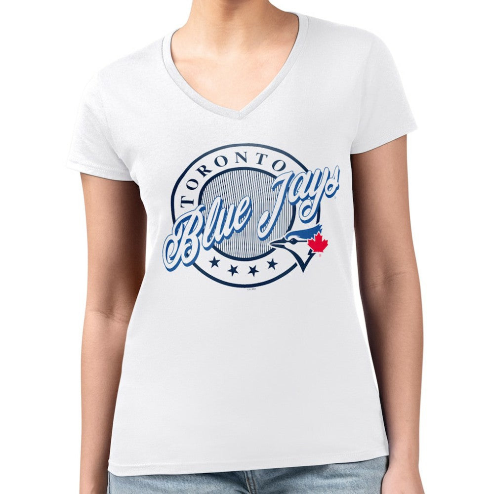 Toronto Blue Jays G-III 4Her by Carl Banks Women's Super-Slim Fit Lightweight Pinstripe Circle V-Neck T-Shirt | MLB US