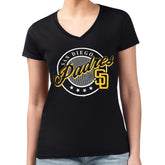 San Diego Padres G-III 4Her by Carl Banks Women's Super-Slim Fit Lightweight Pinstripe Circle V-Neck T-Shirt | MLB Shop