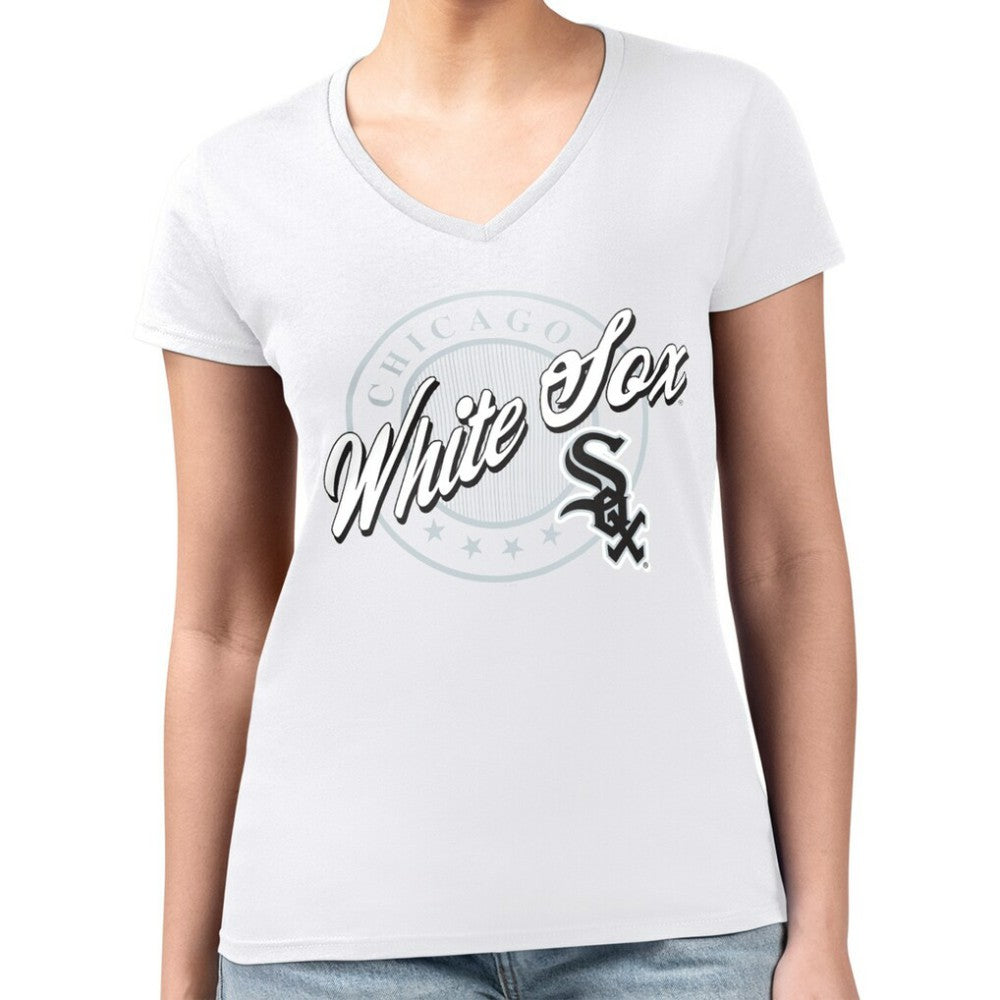 Chicago White Sox G-III 4Her by Carl Banks Women's Super-Slim Fit Lightweight Pinstripe Circle V-Neck T-Shirt | MLB Online