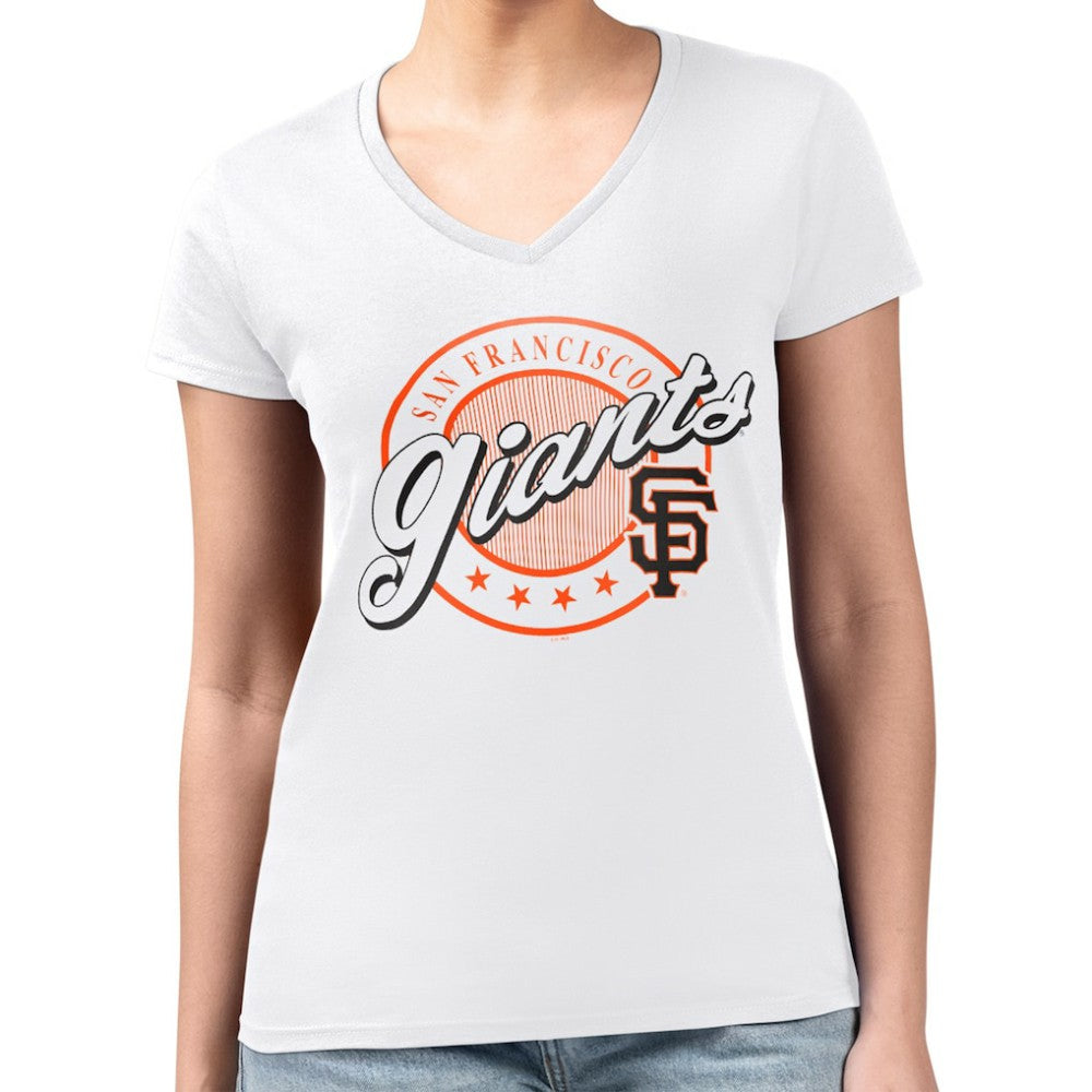 San Francisco Giants G-III 4Her by Carl Banks Women's Super-Slim Fit Lightweight Pinstripe Circle V-Neck T-Shirt | MLB Sale