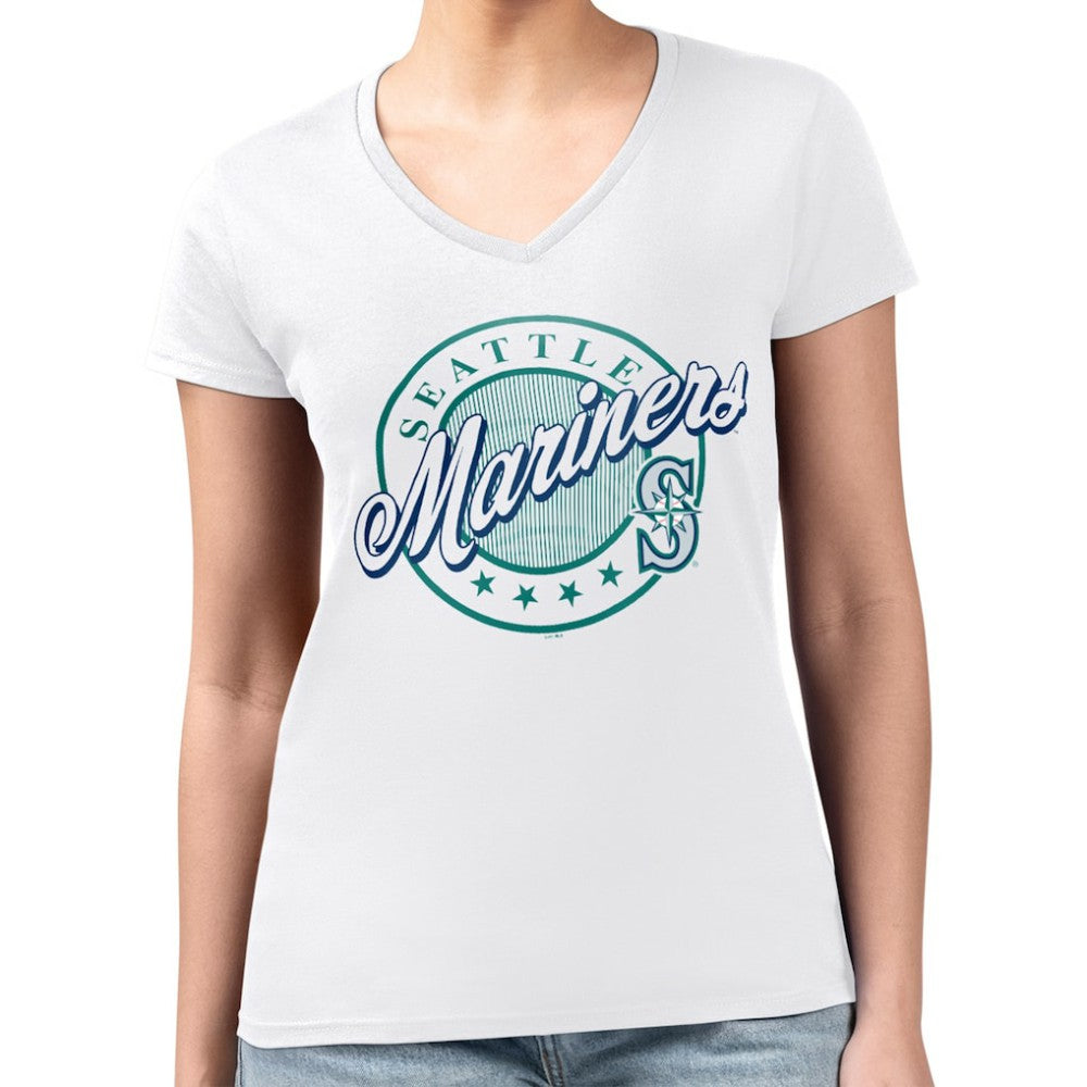 Seattle Mariners G-III 4Her by Carl Banks Women's Super-Slim Fit Lightweight Pinstripe Circle V-Neck T-Shirt | MLB Sale