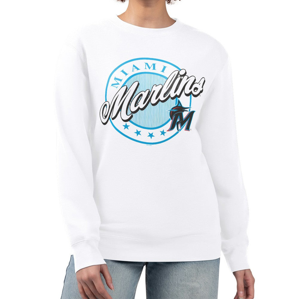 Miami Marlins G-III 4Her by Carl Banks Women's Pinstripe Circle Team Fleece Pullover Sweatshirt | MLB Sale