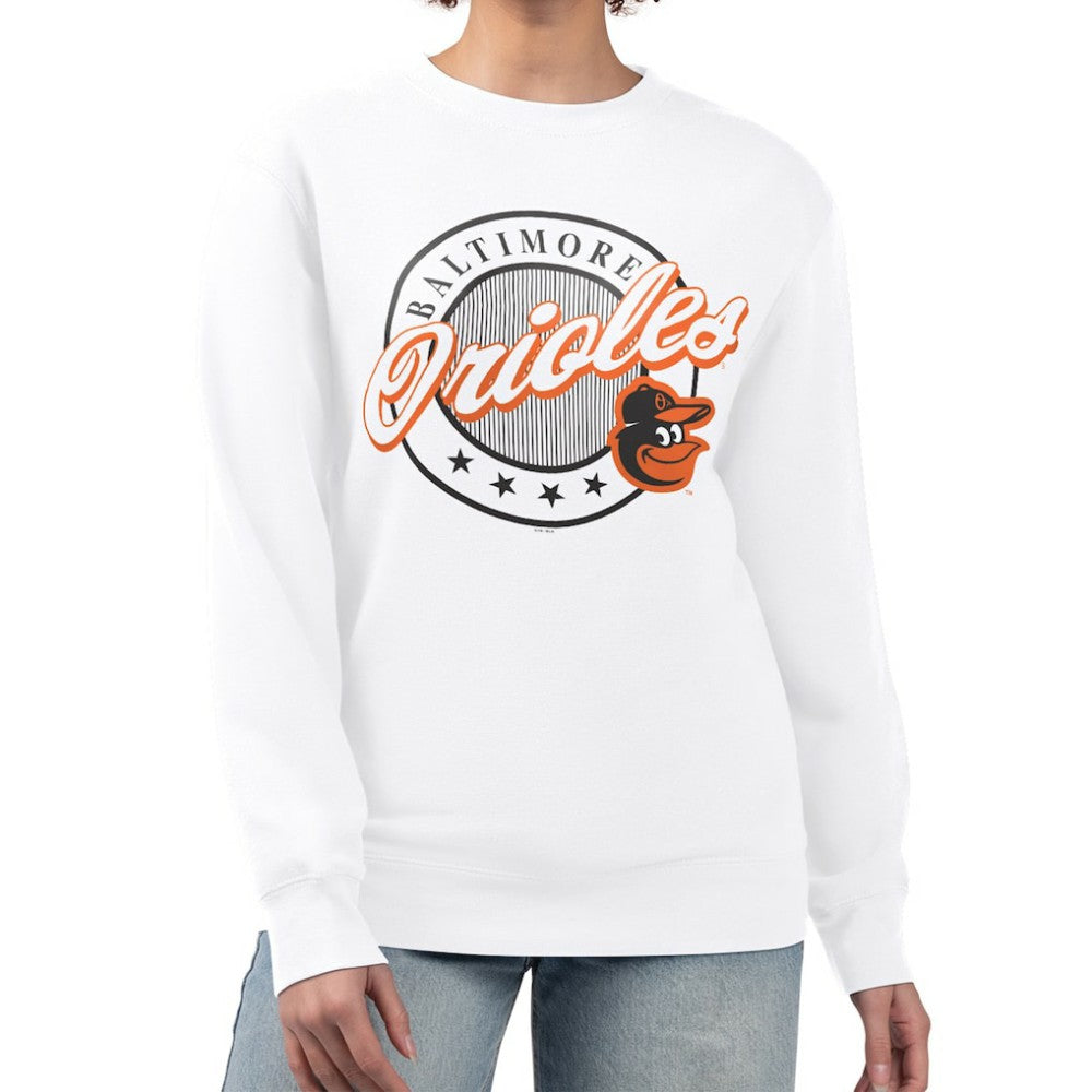Baltimore Orioles G-III 4Her by Carl Banks Women's Pinstripe Circle Team Fleece Pullover Sweatshirt | MLB Shop