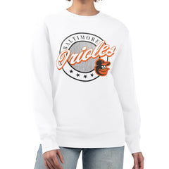Baltimore Orioles G-III 4Her by Carl Banks Women's Pinstripe Circle Team Fleece Pullover Sweatshirt | MLB Shop