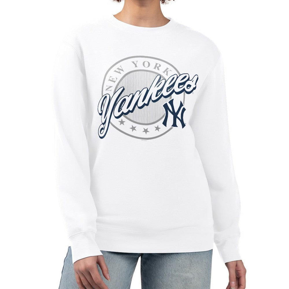 New York Yankees G-III 4Her by Carl Banks Women's Pinstripe Circle Team Fleece Pullover Sweatshirt | MLB For sale