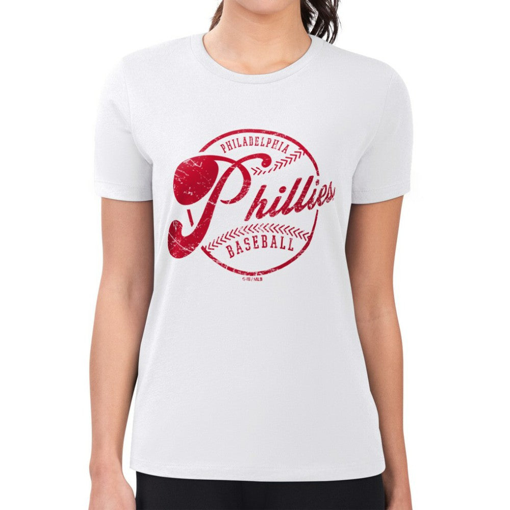 Philadelphia Phillies G-III 4Her by Carl Banks Women's Super-Slim Fit Lightweight Distressed Baseball Team T-Shirt | MLB Shop
