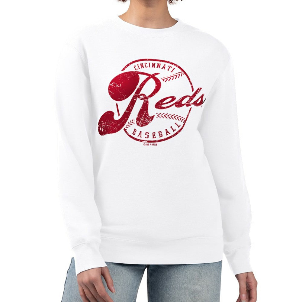 Cincinnati Reds G-III 4Her by Carl Banks Women's Distressed Baseball Team Fleece Pullover Sweatshirt | MLB Shop