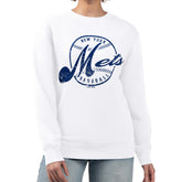 New York Mets G-III 4Her by Carl Banks Women's Distressed Baseball Team Fleece Pullover Sweatshirt | MLB Shop