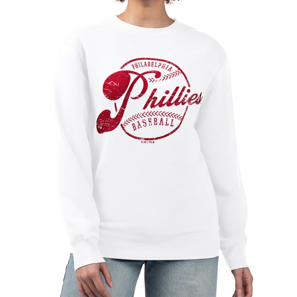 Philadelphia Phillies G-III 4Her by Carl Banks Women's Distressed Baseball Team Fleece Pullover Sweatshirt | MLB Outlet
