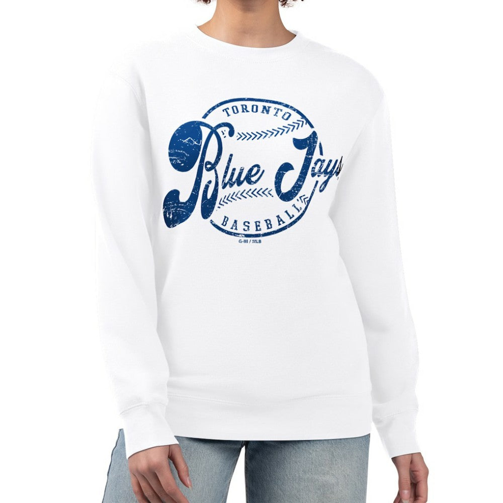 Toronto Blue Jays G-III 4Her by Carl Banks Women's Distressed Baseball Team Fleece Pullover Sweatshirt | MLB On Sale