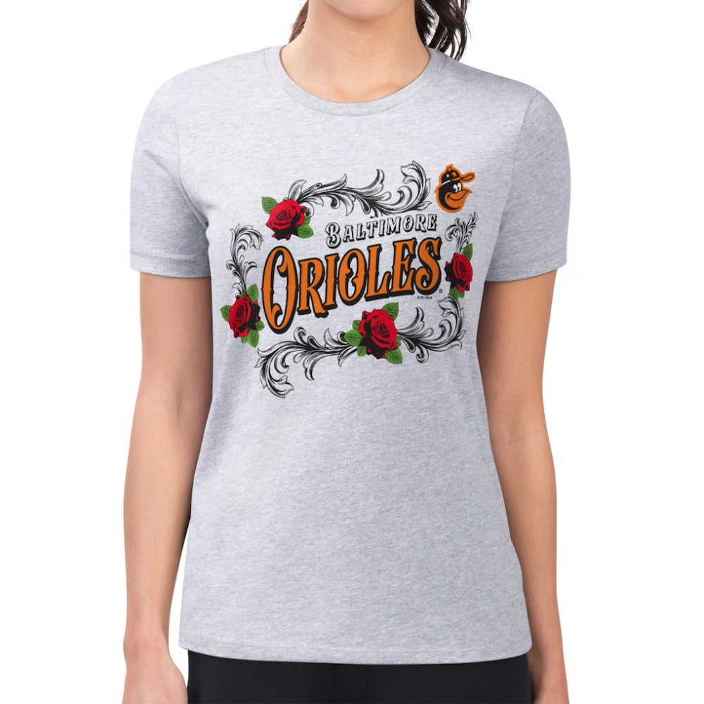Baltimore Orioles G-III 4Her by Carl Banks Women's Super-Slim Fit Lightweight Retro Roses T-Shirt | MLB On Sale