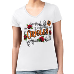 Baltimore Orioles G-III 4Her by Carl Banks Women's Super-Slim Fit Lightweight Retro Roses V-Neck T-Shirt | MLB Near me