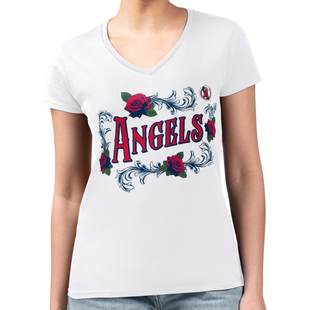 Los Angeles Angels G-III 4Her by Carl Banks Women's Super-Slim Fit Lightweight Retro Roses V-Neck T-Shirt | MLB US
