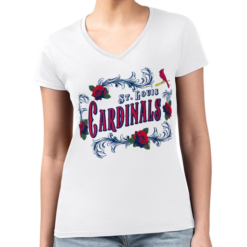 St. Louis Cardinals G-III 4Her by Carl Banks Women's Super-Slim Fit Lightweight Retro Roses V-Neck T-Shirt | MLB Discount