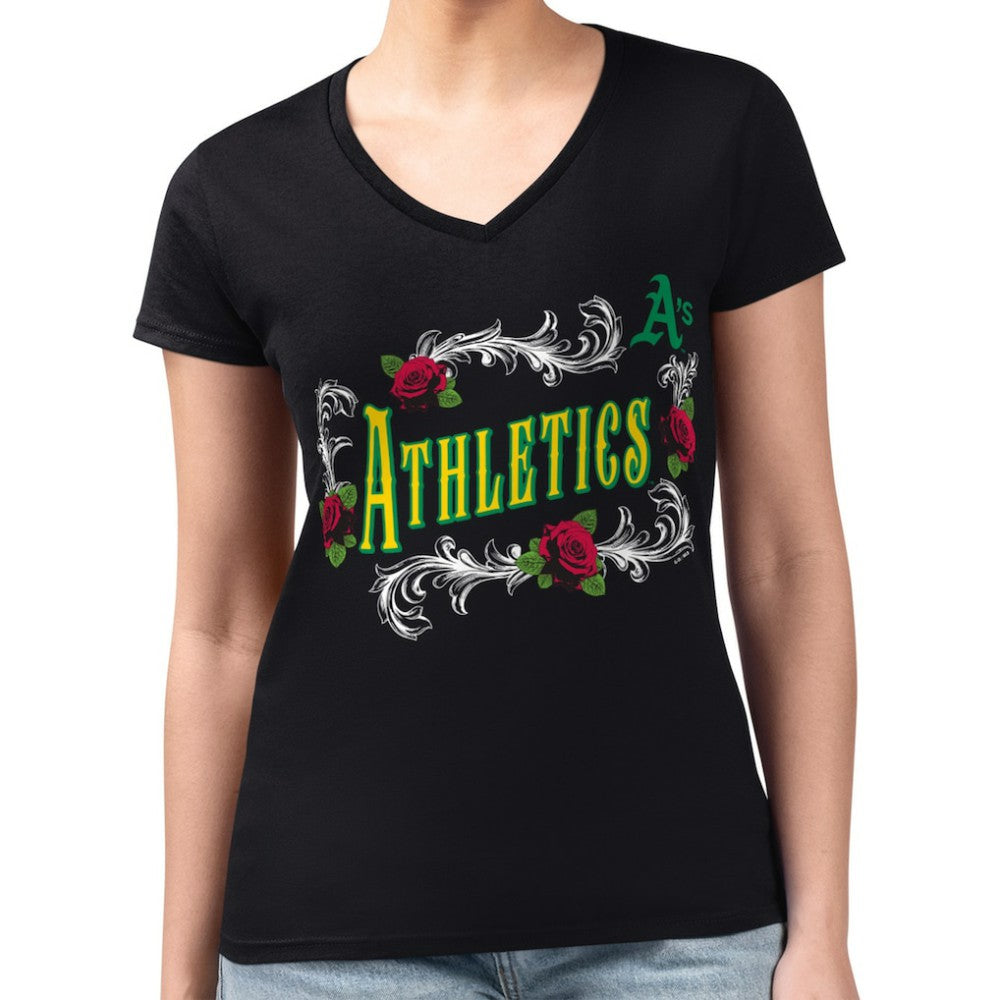 Athletics G-III 4Her by Carl Banks Women's Super-Slim Fit Lightweight Retro Roses V-Neck T-Shirt | MLB For sale