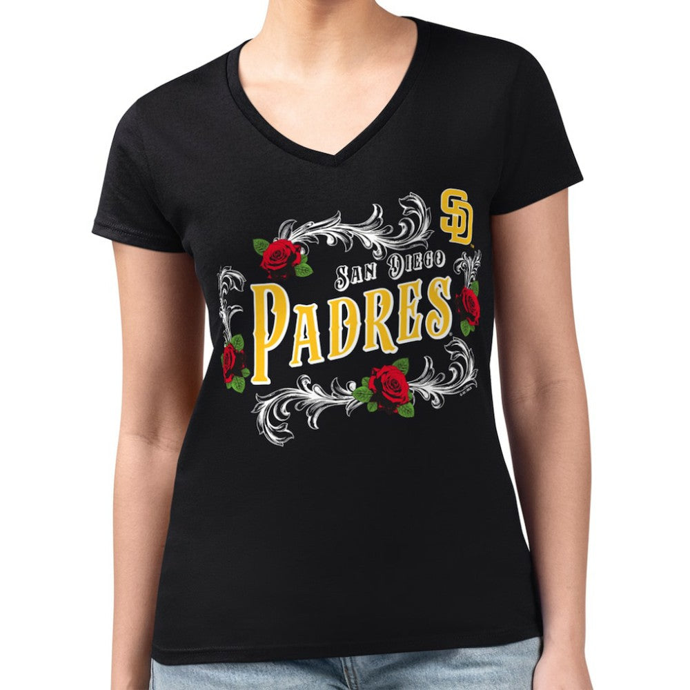 San Diego Padres G-III 4Her by Carl Banks Women's Super-Slim Fit Lightweight Retro Roses V-Neck T-Shirt | MLB Shop