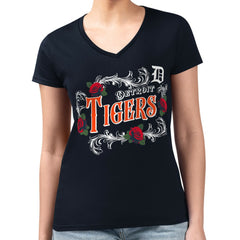 Detroit Tigers G-III 4Her by Carl Banks Women's Super-Slim Fit Lightweight Retro Roses V-Neck T-Shirt | MLB Outlet