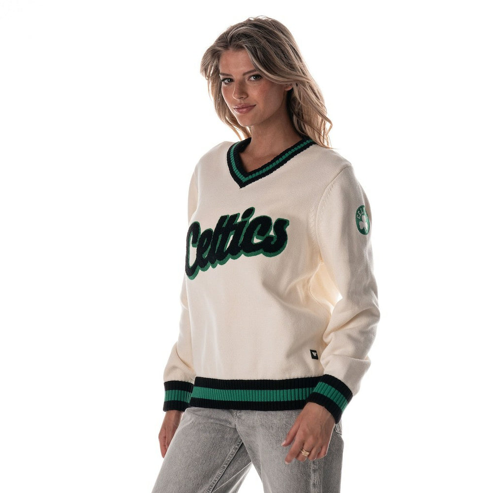 Boston Celtics The Wild Collective Women's Jacquard V-Neck Sweater Outlet