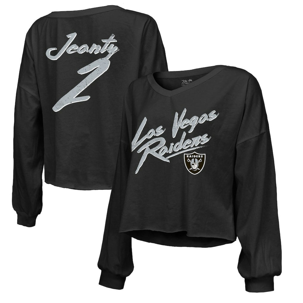 Las Vegas Raiders Ashton Jeanty Majestic Threads Women's Name & Number Off-Shoulder Script Cropped Long Sleeve Relaxed V-Neck T-Shirt
