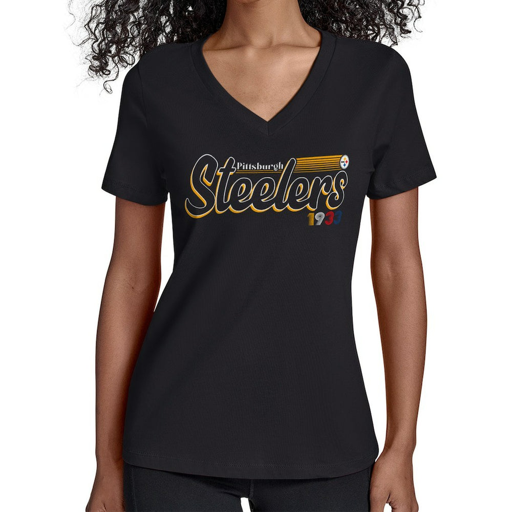 Pittsburgh Steelers Starter Women's Groovy Script V-Neck T-Shirt