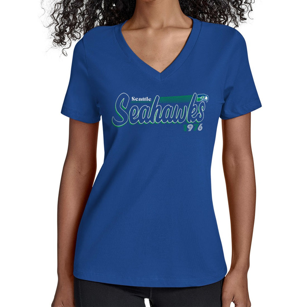 Seattle Seahawks Starter Women's Throwback Groovy Script V-Neck T-Shirt