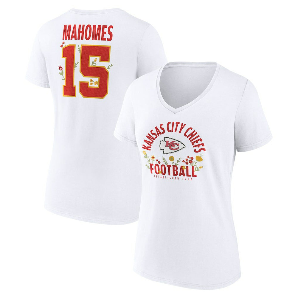 Kansas City Chiefs Patrick Mahomes Women's Floral Name & Number V-Neck T-Shirt