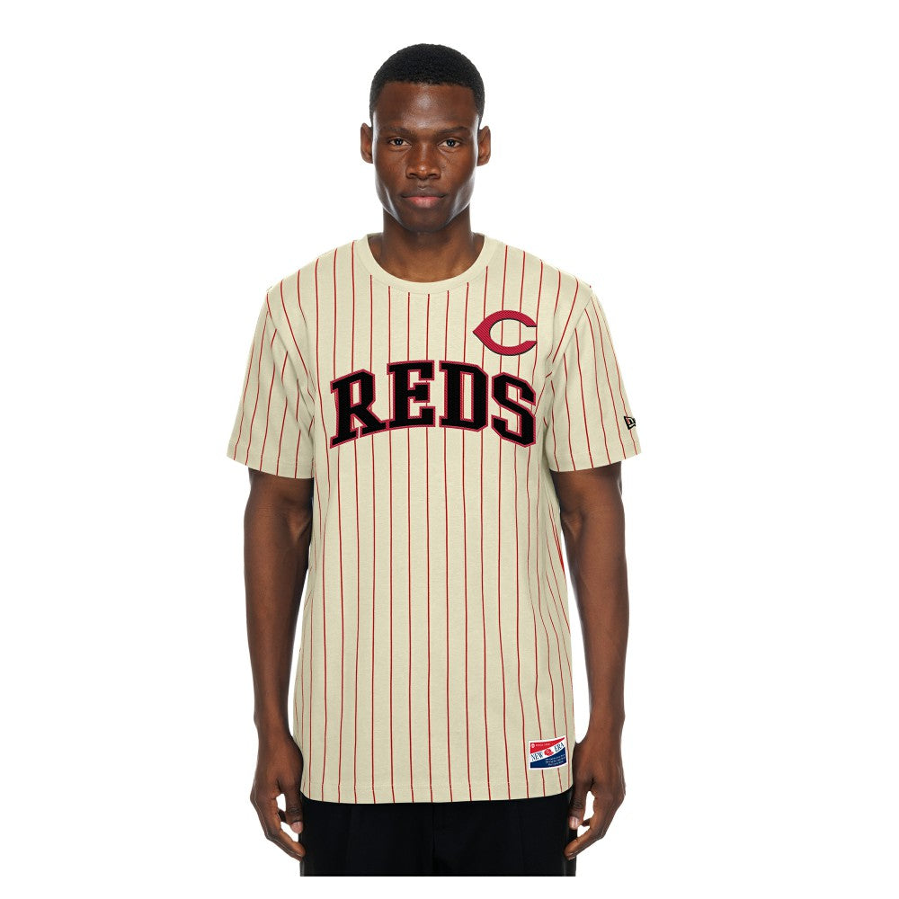 Cincinnati Reds New Era Throwback Meshback Pinstripe T-Shirt | MLB On Sale