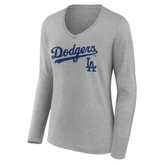 Los Angeles Dodgers Women's Team Lockup Long Sleeve V-Neck T-Shirt | MLB New