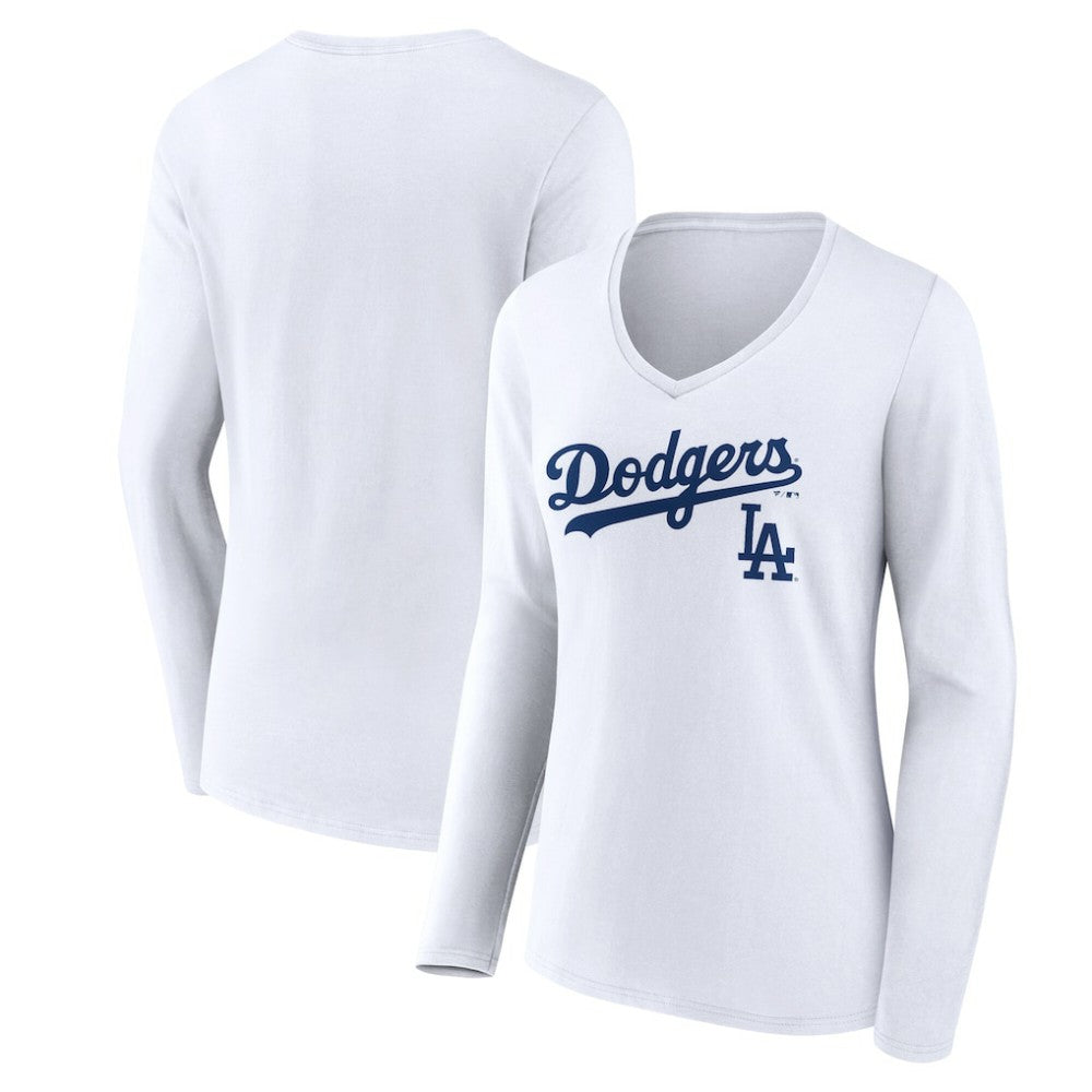Los Angeles Dodgers Women's Team Lockup Long Sleeve V-Neck T-Shirt | MLB Discount