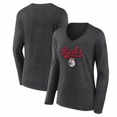Cincinnati Reds Women's Team Lockup Long Sleeve V-Neck T-Shirt | MLB Near me