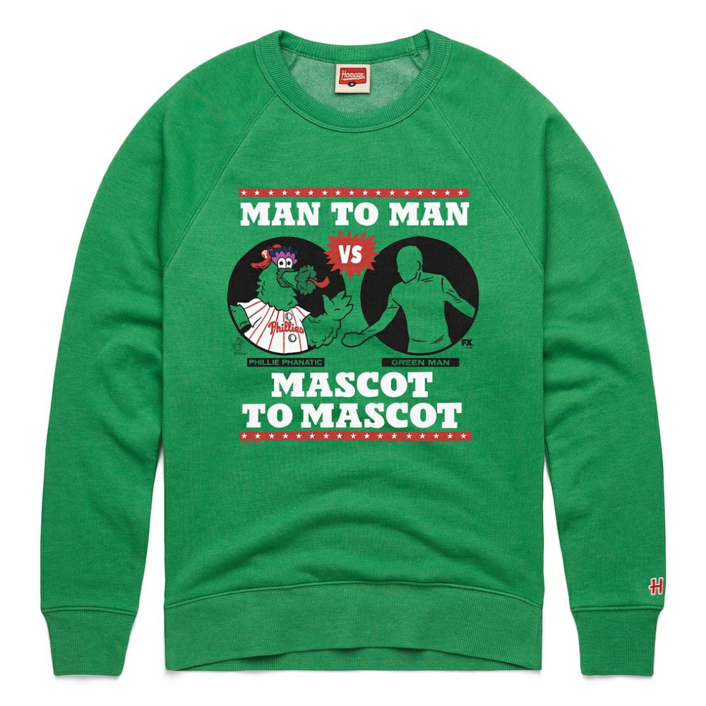 Philadelphia Phillies x It's Always Sunny in Philadelphia Homage Male Adult Phillie Phanatic vs Green Man Sweatshirt | MLB US