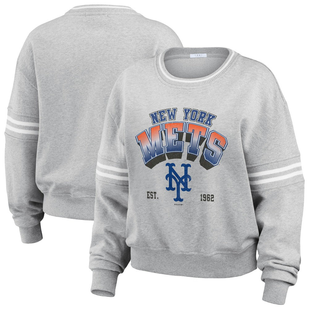 New York Mets WEAR by Erin Andrews Women's Sleeve Stripe Fleece Sweatshirt | MLB Online