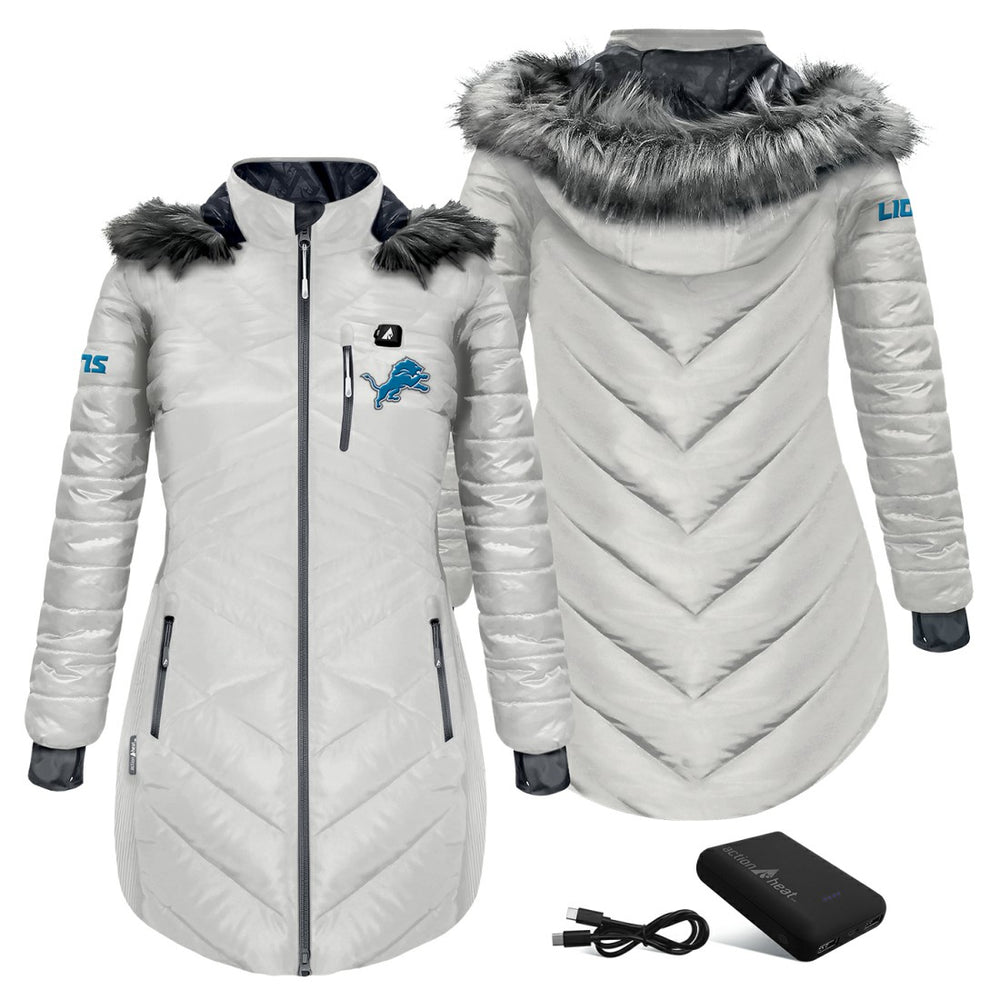 Detroit Lions ActionHeat Women's 5V Battery Heated Long Puffer Full-Zip Hoodie Jacket