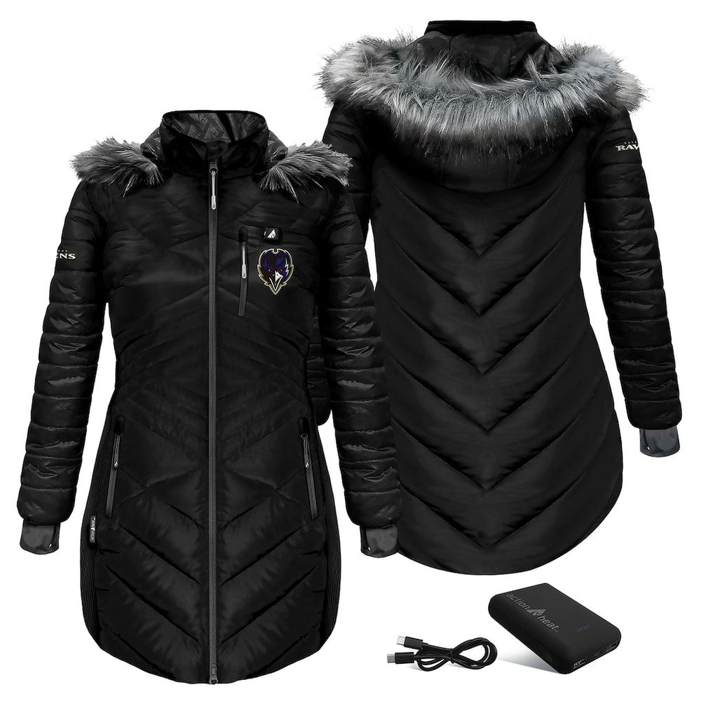 Baltimore Ravens ActionHeat Women's 5V Battery Heated Long Puffer Full-Zip Hoodie Jacket